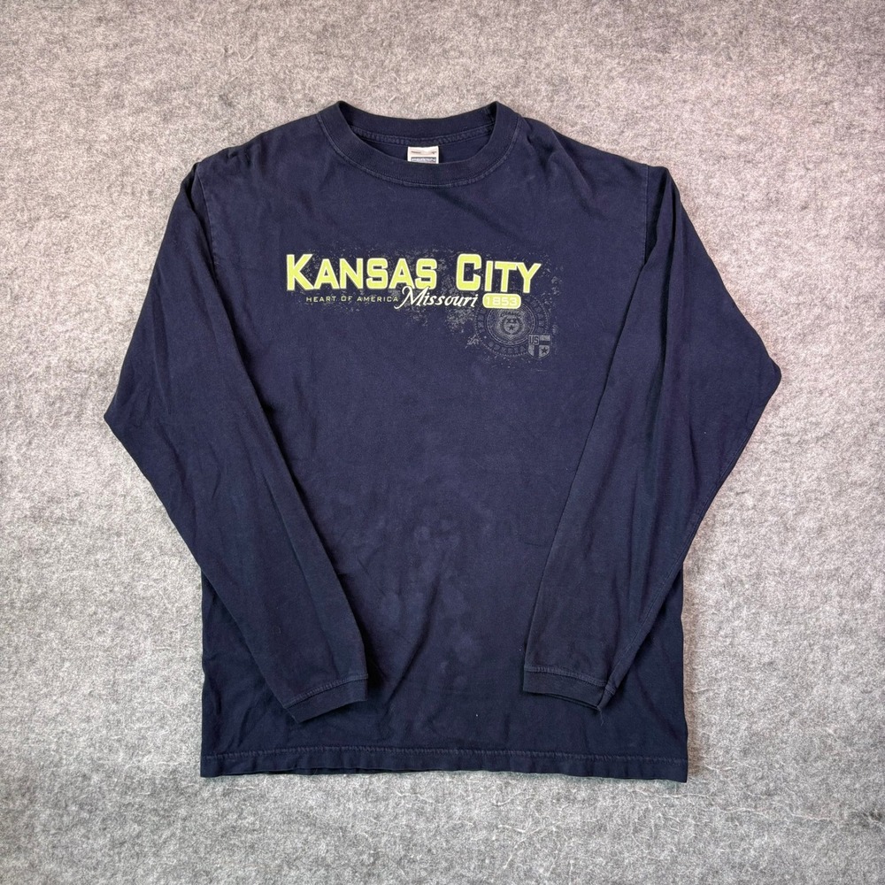 Vintage Perrin Kansas City Missouri Long Sleeve T-Shirt Navy Blue Men's Large